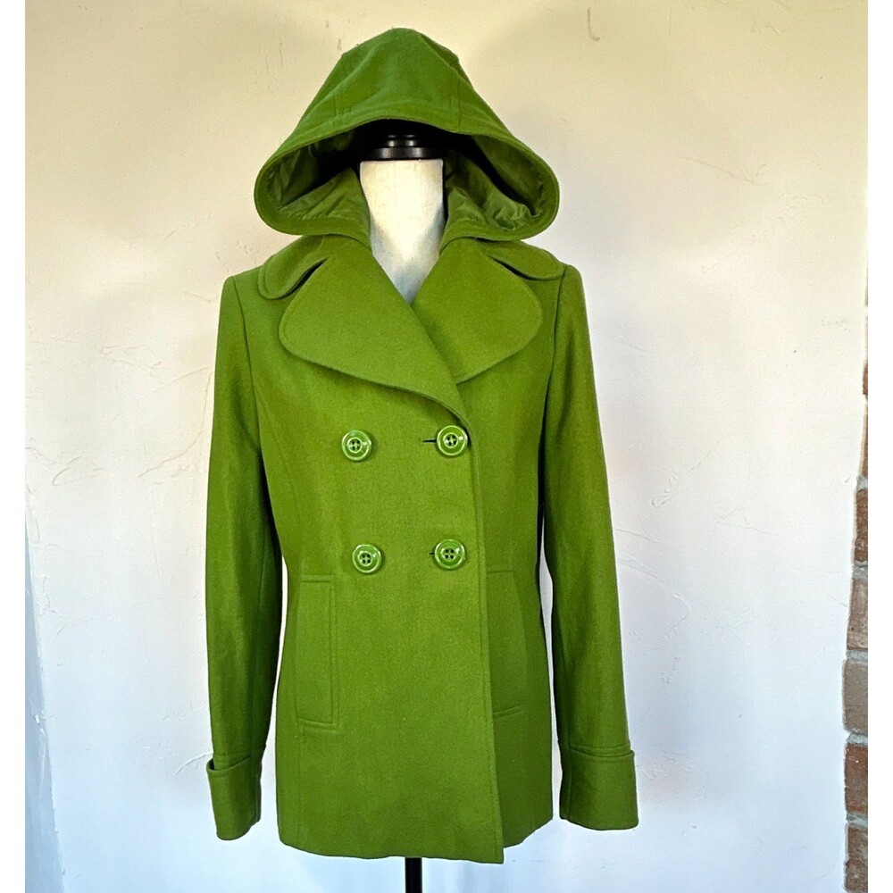 New York & Company Womens Green Hooded Wool Blend Lined Pea Coat Size 6